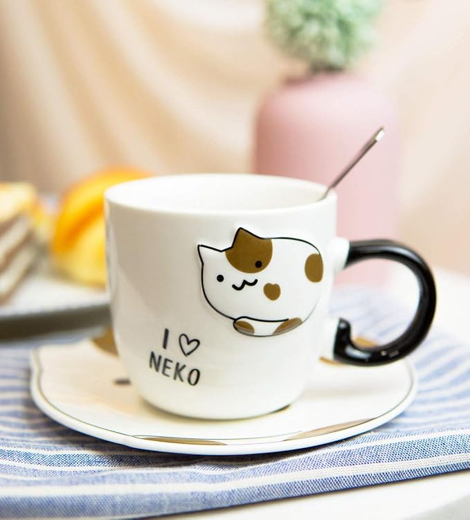 Ebros Pack Of 2 Crazy For Cats Maneki Neko Porcelain Coffee Tea Mug Cup 8oz With Saucer Tray And Notched Spoon Animal Pets Kittens Mugs Cups Kids And Adults Drinkware (Calico And Brown)