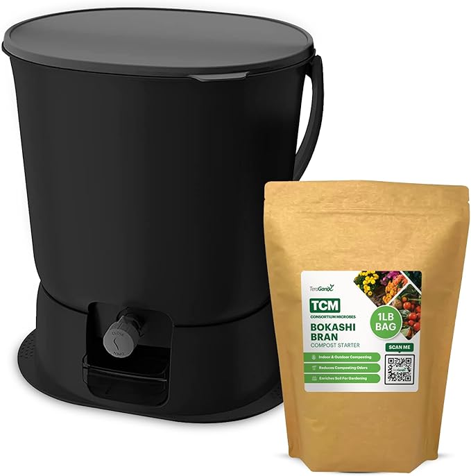 TeraGanix Bokashi Compost Starter Kit, Essential Bucket + Base, Indoor Composting, 15.3L (4gal) Capacity, Airtight, Odor & Pest-Free, Includes Bokashi Rice Bran & Liquid Collection Base, (Black)