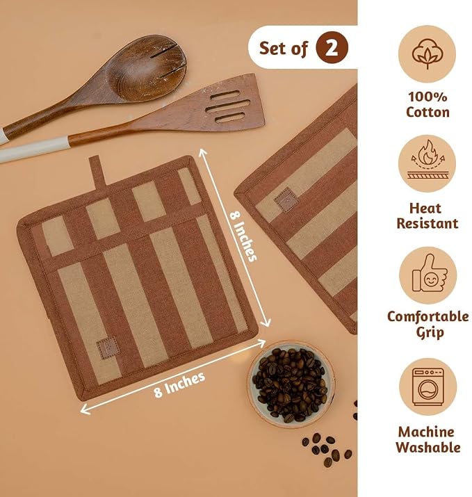 Folkulture Pot Holders for Kitchen | Pack of 2 (8x8) Ribbed Soft Silicone Hot Pads for Kitchen | Oven Pot Holders Set |Wooden Spoons for Cooking | 12" Premium Acacia Wooden Utensil Set of 5