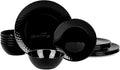 LaGlint Dinnerware Sets for 6, Light & Durable 18 Pieces Opal Glass Plates and Bowls Set, Dishwasher and Microwave Safe Ribbed Dish Dinning Ware, Thin but Strong Geometric Faceted Black