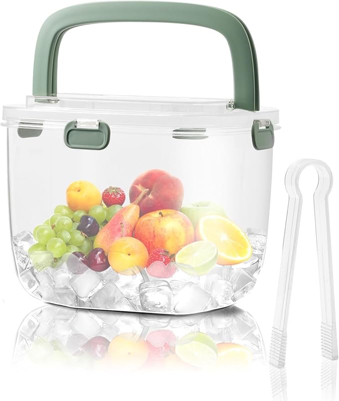 5L Portable Ice Cube Storage Bin, Clear Ice Bucket for Freezer with Lid & Tong for Outdoor Camping, Plastic Refrigerator Ice Cube Trays Storage Bin for Whiskey Wine Cocktail Party