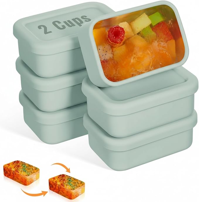 Teenyyou 6 Packs 2 Cup Silicone Soup Freezer Molds with Lid Silicone Soup Freezer Trays Rectangle Reusable Food Preserving Tray Freezing Sauces Stews (Sage Green)