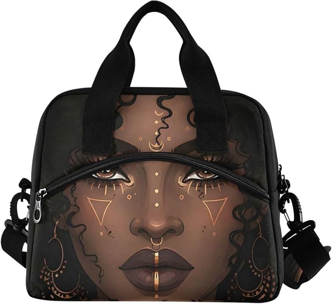 Beautiful Women Lunch Bag for Girls Women,African American Woman Lunch Box Container with Detachable Shoulder Strap,Insulated Lunch Coolers for School Office
