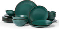 Famiware Venus Plates and Bowls Sets with Trim, 18 Pieces Speckled Stoneware Dinnerware Set for 6, Matte Dark Green - Modern Minimalist, Microwave & Dishwasher Safe Dishes for Everyday & Formal Dining