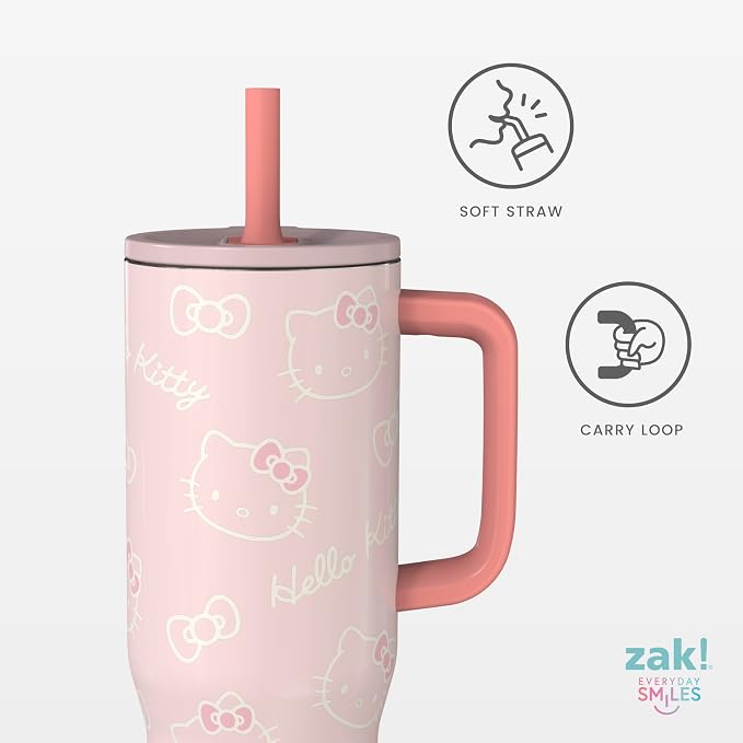 Zak Designs Sanrio Sutton Travel Tumbler for On the Go, 30oz Stainless Steel with Vacuum Insulation, Silicone Straw, and Carry Handle for Cold Drinks (Hello Kitty)