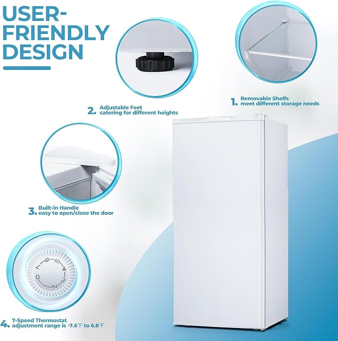 Electactic 6.5 Cu.ft Upright Freezer, Small Stand Up Freezer with Adjustable Thermostat, Removable Glass Shelves, for Bedroom/Home/Dorms/Apartment, White