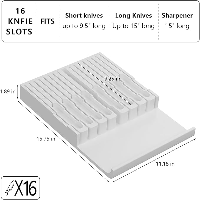 Domax Bamboo In-drawer Knife Block - Kitchen Knife Drawer Organizer Insert, Knife Holder without Knives Large, Drawer Knife Organizer Fits for 16 knives and 1 Sharpening Steel (Not Included), White