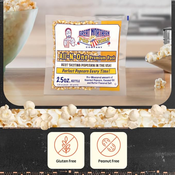 2.5oz Popcorn Machine Popcorn Packets - All-in-One Movie Theater Style Kernels, Salt, and Oil Packs by Great Northern Popcorn (24 Case)