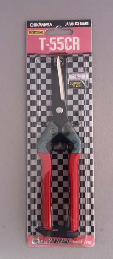 CHIKAMASA T-55CR, Professional Trimming Precise Curved Blade Scissors, Carbon Steel with razor-sharp edges, Curved Blade for precise trimming, harvesting vegetables and fruit, Black/Red