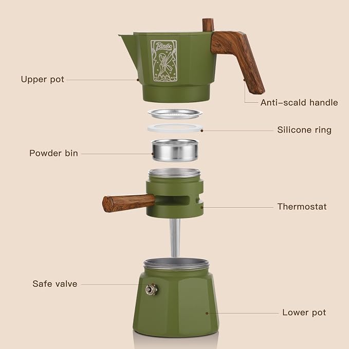 Bincoo 120ML Stovetop Espresso Maker Double Valve Moka Pot with Thermostat Extractor Prevent over-extraction,Italian Espresso Moka Pot with Powder Dispenser and Filter Paper for Home(Green)
