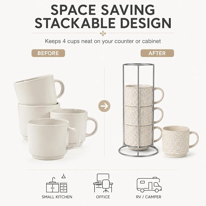 6 Oz Coffee Cups Set of 4, Espresso Cups with Stand, Stackable Cappuccino Mugs Set, Embossed Coffee Cup for Latte, Tea, Cocoa, Mocha, Housewarming Present, Dishwasher Safe
