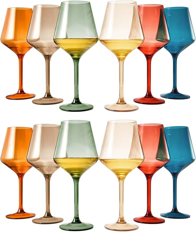 European Style Plastic Crystal Unbreakable Stemmed Wine Glasses | Set of 12 | Acrylic Tritan Pastel Color Shatterproof BPA-Free, Outdoor, Pool, Indoor, Hand Wash 17oz Gift, Everyday & Holiday