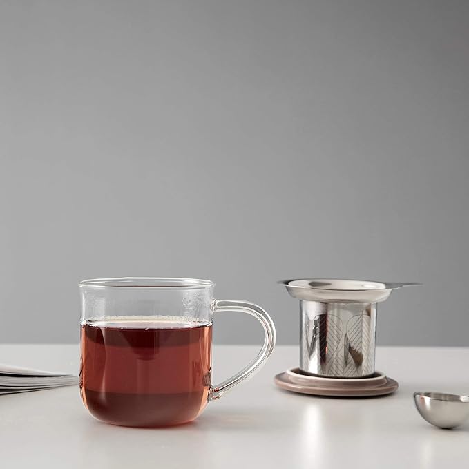 VIVA Minima Eva Glass Tea Cup with Mesh Infuser - Coffee Mug With Porcelain Lid/Saucer - 14 oz / 400 ml, Brown
