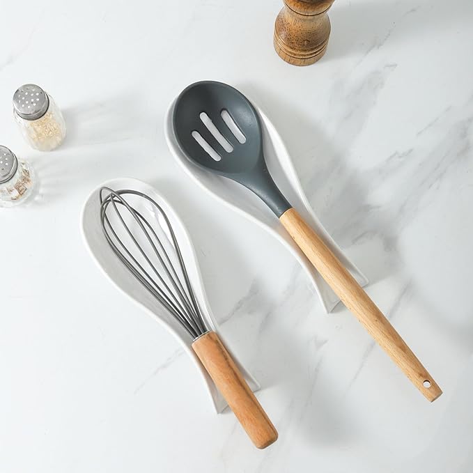 Ceramic Spoon Rest for Stove Top, Large 8.7 Inch Spoon Holder for Kitchen Counter, Porcelain Utensil Rest for Ladle, Spatula, Housewarming Gift, Dishwasher Safe and Heat-Resistant, White, Set of 2
