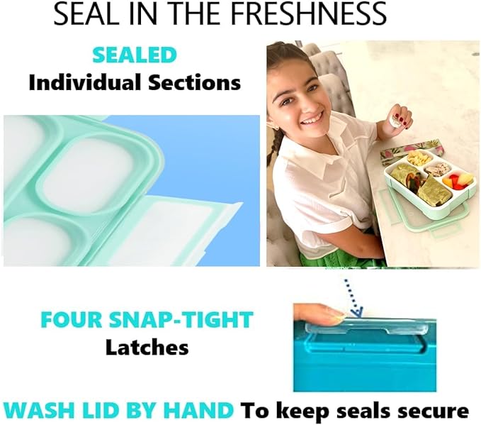 kinsho Bento Lunch Box And Snack Container Set For Kids And Adults - Large 4 & Small 3 Divided Food Compartments - Portion Control Meal Prep - Reusable for School Work Travel - 2 Pack Green Blue Set