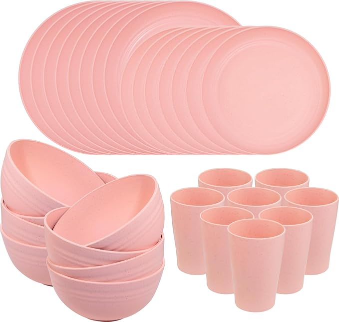 Supernal 32Pcs Pink Plates and Bowls Sets for 8, Unbreakable Dinnerware | Lightweight reusable wheat straw pink dishes set. Shatterproof pastel camp plates & bowls for college dorm, RV, or picnics.
