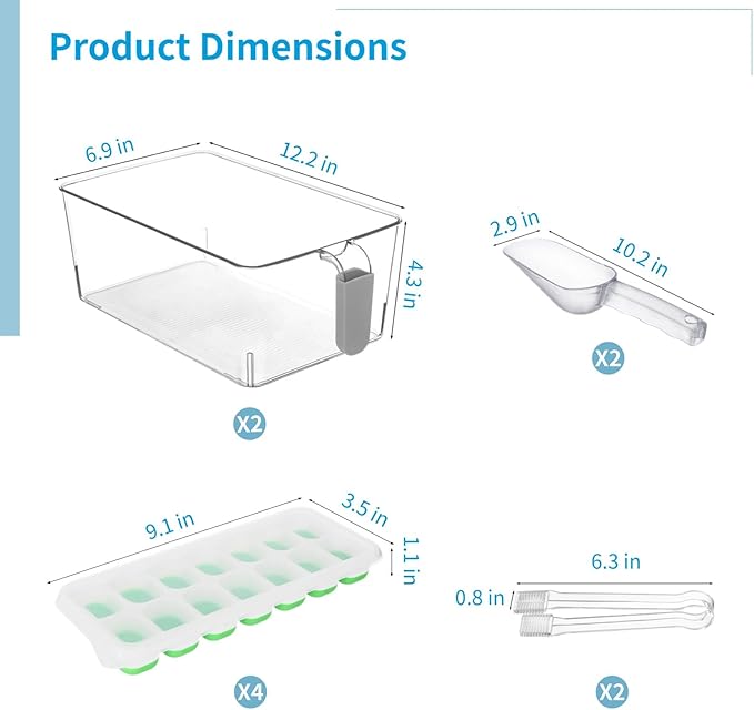 Freezer Ice Bin Set, 2 Pcs Ice Bin with Scoop and Tong, Ice Tray, Clear Ice Bucket with Pull-out Handle for Freezer, Clear Plastic Ice Container for DIY Drink Summer Party, 12.2 x 6.9 x 4.3 in