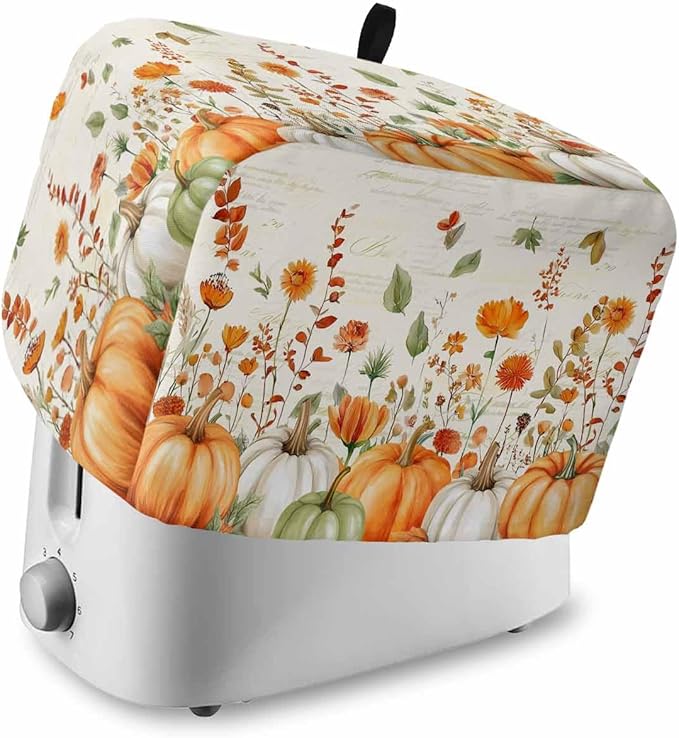 Orange White Pumpkins Fall Toaster Cover 2 Slice, Thanksgiving Botanical Leaves Dustproof Bakeware Oven Protector with Hook, Retro Waterproof Small Kitchen Appliance Toasters Dust Cover, 12"x7.5"x8"