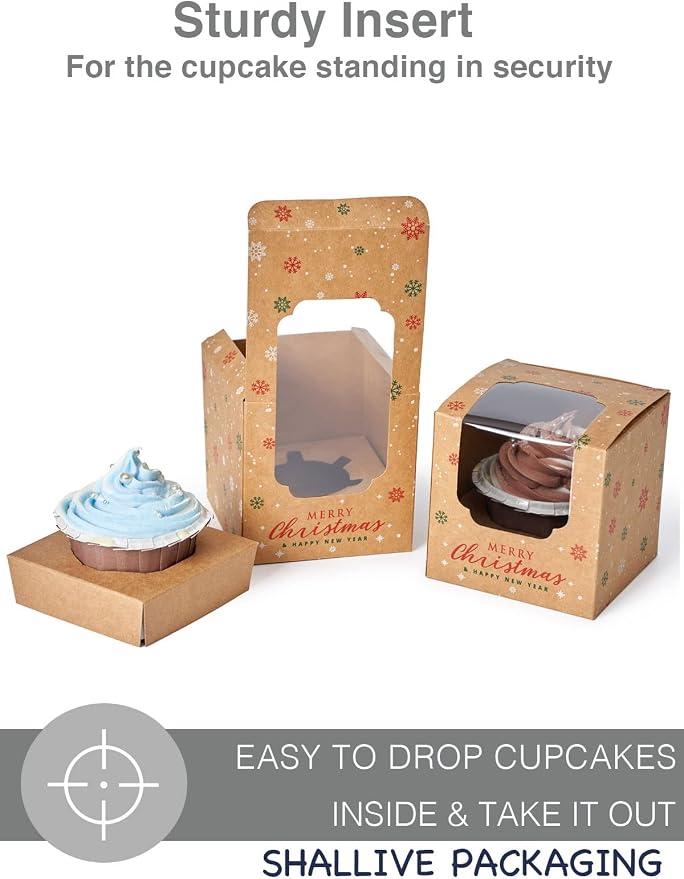 Christmas Individual Cupcake Containers with Window and Insert, Pre-Assembled Cocoa Bomb Packaging 60pcs Christmas Kraft Cupcake Boxes for Gifts