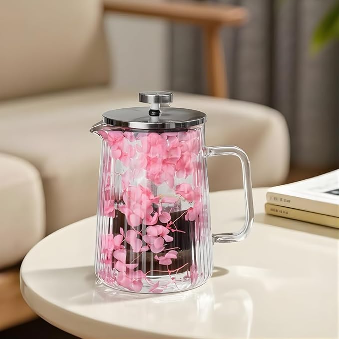 French Press Coffee Maker 22oz – Pink Floral Glass Design – Double-Wall Borosilicate Ribbed Coffee Press with Stainless Steel Filter – Manual Brewer & Tea Press