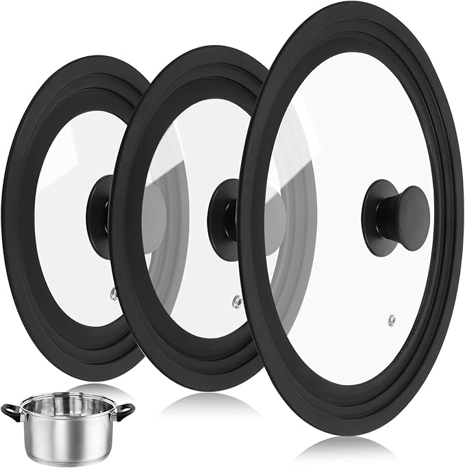 Ptwola 3PCS Universal Pot Lids for Pans and Skillets, Tempered Glass Replacement Cast Iron Frying Pan Cover with Heat Resistant Silicone Rim, Fits All 6" to 12" Diameter Cookware