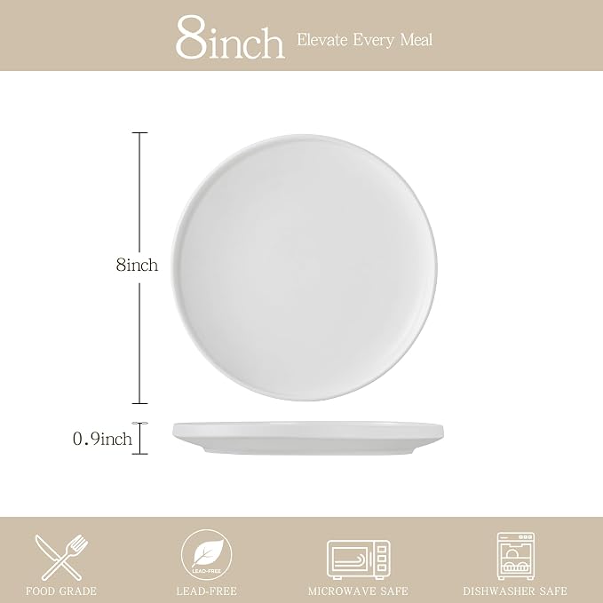 8 Inch Plates, Matte White, Set of 4 | Matte Glaze Stoneware, Microwave Safe, Dishwasher Safe, For Salads & Desserts
