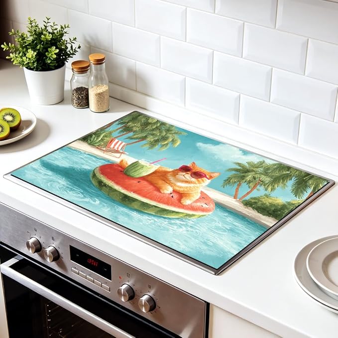 Stove Top Cover for Electric Stove 28.35 x 20.47 Inch Non Slip Stove Mat Summer Cat Pool Float Glass Cooktop Protector Kitchen Counter Mat