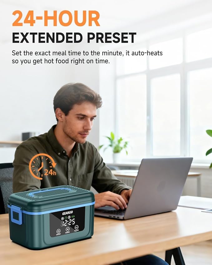 GEARGO 𝟐𝟎𝟐𝟔 Cordless Electric Lunch Box for Adults, 6.3 Cups & 24000mAh Rechargeable Heated Lunch Box with Ice Crystal Box, 24 Hours Scheduled Self Heating Lunchbox For Men Women(Blue)