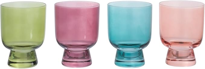Creative Co-Op Hand Blown Footed Drinking Glasses, 6 Ounces, 4 Assorted Colors Glassware, Multi