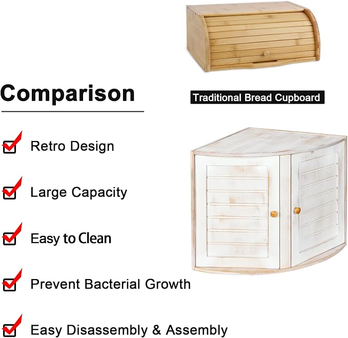 HOMEKOKO Double Layers Bamboo Corner Bread Box for Kitchen Counter, Vintage Wooden Large Capacity Bamboo Bread Food Storage Bin (Vintage White)