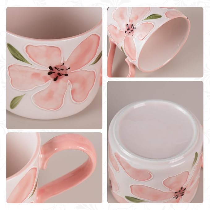 KAMMAK Pink Ceramic Coffee Mug, 13.5oz Mugs Set of 2, Novelty Cup for Tea, Juice, Milk, Cute Porcelain Water Cups with Handle for Women, Dishwasher and Microwave Safe