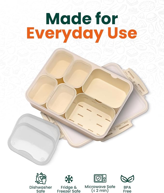 GIRAFFYCO Creamy White Snackbox with Drain Compartment, Portable Snackle Box w/Insulated Carry Bag & Reusable IcePack, 6 Removable Compartments (2 Large + 4 Small) w/Individual Lids, BPA‐Free