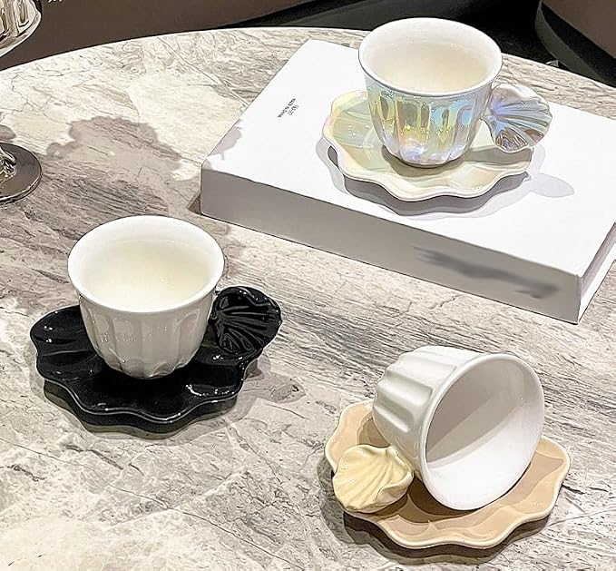 Pearl Shell Ceramic Coffee Mug with Shell Coaster Set for Tea Latte Milk Cute Cup with Saucer for Home Office Women Gift 6.5 oz (Milk coffee S, 270 ml)