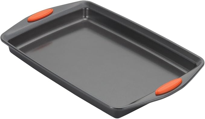 Rachael Ray Yum-o! Nonstick Bakeware Oven Lovin' Cookie Pan Set, 3-Piece, Gray with Orange Silicone Grips