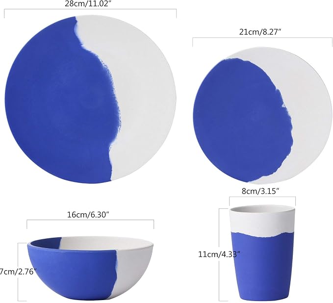 MORGIANA Bamboo Dinnerware Set, 8-Pieces Tableware Set, Eco-Friendly Plates, Cups, Bowls for Camping Picnic Outdoor Party (blue & white)