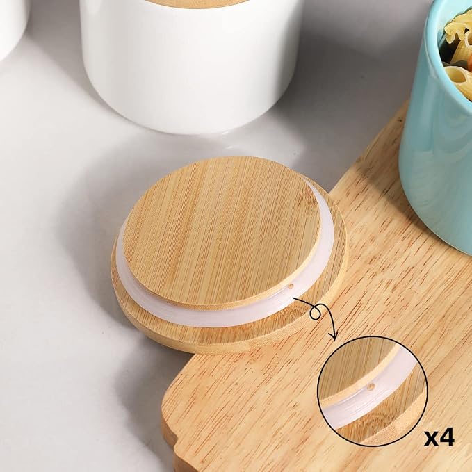 Sweejar Kitchen Canisters Ceramic Food Storage Jar Set, Stackable Containers with Airtight Seal Wooden Lid for Serving Ground Coffee, Tea, Herbs, Grains, Sugar, Salt - Set of 4 (White)