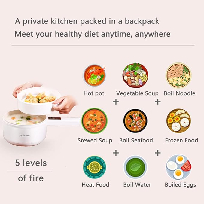 Drizzle Electric Hot Pot Cooker Steamer 1.8L Multifunctional Nonstick Pan Dormitory Office Portable Ramen Cooker Steamer Boil Dry Protection Suitable For Noodles Steak Cooker Eggs StirFrying