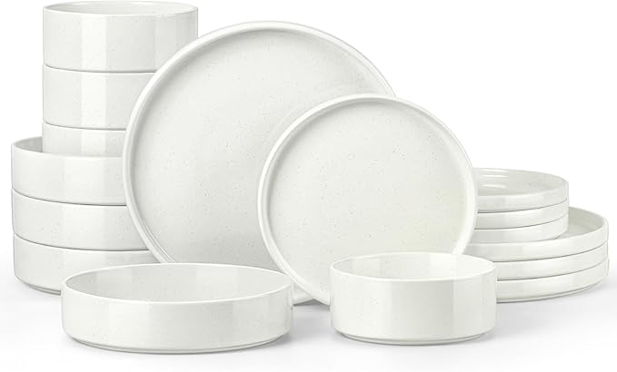 Stoneware Dinnerware Sets for 4 with Pasta Bowl, Onader 16 Piece Plates and Bowls Dish Set, Speckled Kitchen Dishware Dining Ware, Microwave & Dishwasher Safe - Cloud White