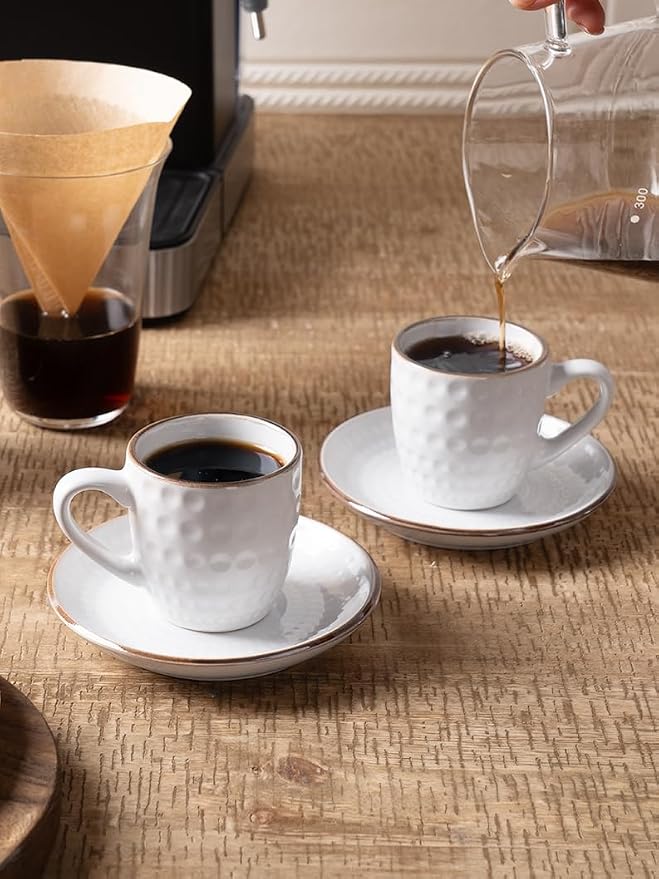 famiware Espresso Cups and Saucers Set of 4, 3 oz Ceramic Small Coffee Mug with Handle, Embossed Stoneware Demitasse Cup for Tea, Latte - Microwave & Dishwasher Safe - White Circle (Pack of 2)