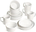 LE TAUCI Dinnerware Sets with Mugs for 4, Stoneware Plates and Bowls Set, Stackable, Microwave & Dishwasher Safe Ceramic Dishes, 16-Piece, White (10" Dinner & 8" Salad Plates, 6" Bowls, 18 oz Cups)