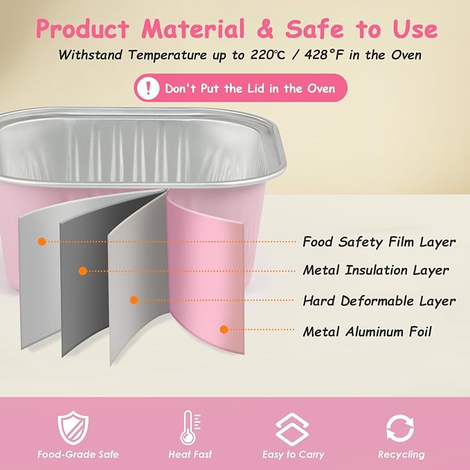 Mini Square Baking Cups with Lids, 50 Pcs Pink 5oz Aluminum Foil Cupcake Tins with Lids, Disposable Ramekins Flan Cake Pans Tins for Souffle, Dessert, Valentine, Wedding, Party Small Cake Containers