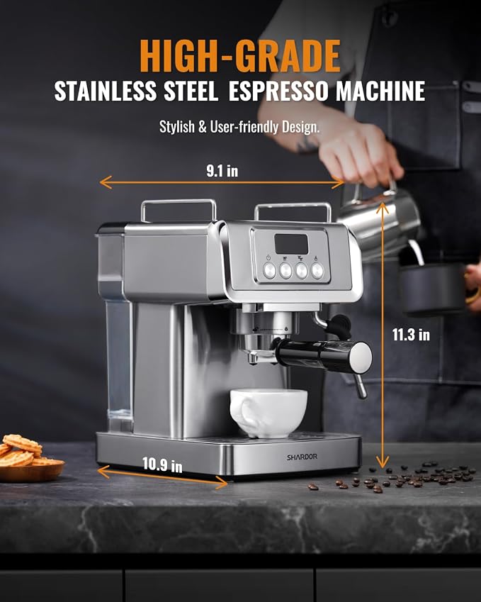 SHARDOR 20 Bar Espresso Machine for Home, Espresso Coffee Maker with Temp Display, Expresso Machine with Steam Milk Frother for Latte & Cappuccino, 60oz Water Reservoir, Stainless Steel, 1350W