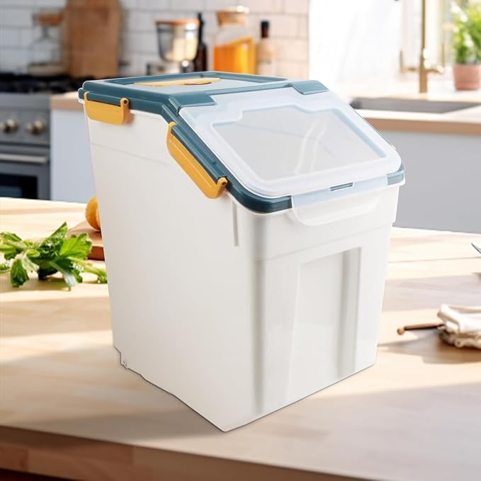 AnRui Rice Storage Container 50LB, Airtight Flour Storage Containers, Plastic Cereal Grain Dispenser Organizer Pet Food Storage Bin with Lid, Measuring Cup, Scoop, Blue, 2Pcs,Total Capacity:100LB