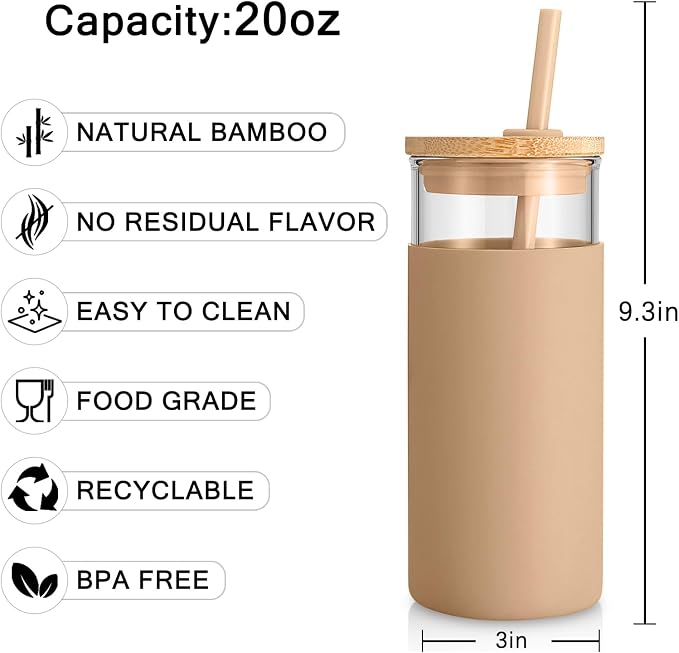 Tronco 20 oz Glass Tumbler with Lid and Straw, Iced Coffee Cup and Smoothie Cup with Bamboo Lids & Protective Silicone Sleeve, Dishwasher Safe, BPA-Free, Glass Cup 2 Pack