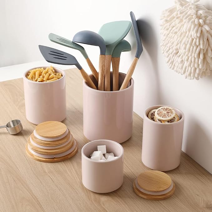 Sweejar Kitchen Canisters Ceramic Food Storage Jar Set, Stackable Containers with Airtight Seal Wooden Lid for Serving Ground Coffee, Tea, Herbs, Grains, Sugar, Salt - Set of 4 (Pink)
