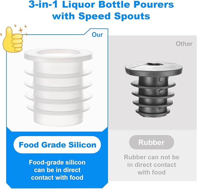 4PCS 3-in-1 Liquor Bottle Pourers with Speed Spouts,Automatic Sealing Spout with Built-in Caps - Dishwasher Safe, Alcohol Speed Spouts - 4PCs with 4 Adapters (Silver And White)