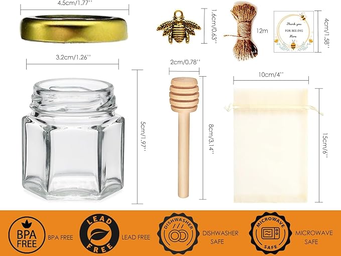 Adabocute Honey Pot, Mini Honey Jars with Wood Dipper, Gold Lid, Bee Pendants, Beige Gift Bags, Thanks for Beeing Here Tags, Mini Honey Jars for Baby Shower Favors Wedding Favors, 60 Pack