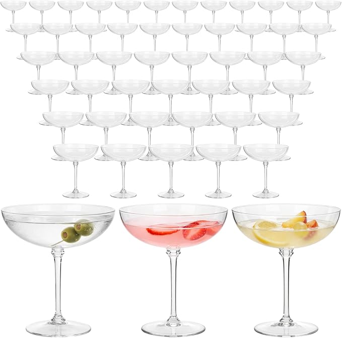 LemonRoad 48 Pcs Plastic Coupe Glasses 9 oz Disposable Martini Glasses for Cocktails, Champagne, Desserts and Espresso, Drinkware Set for Weddings, Birthday Parties, Home Bars (Clear)