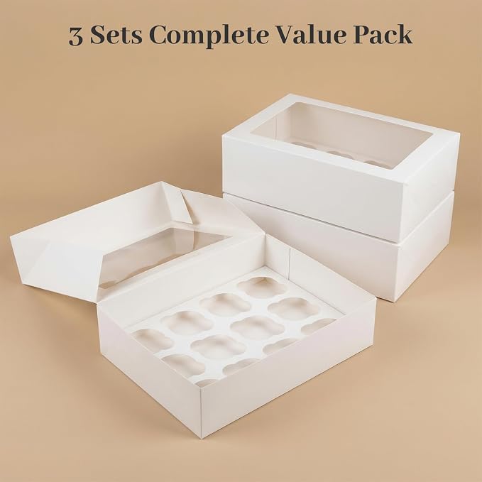 VGOODALL 3PCS White Cupcake Container, 12 Count with Window Boxes Holding 36 Pastry Box for Birthday Holiday Party Bakery Supplies