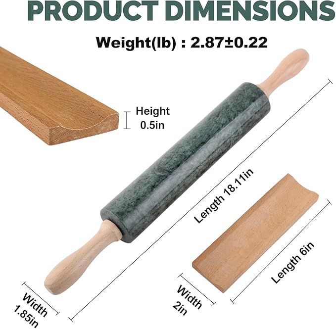 Koville Indian Natural Marble Rolling Pin, Non-Stick Polished Dough Roller, Pasta, Dumpling, Fondant, Pie Crust, Bread, Pizza Dough, Kitchen Baking Pastry Tools with Mat/Scraper(Indian Green)